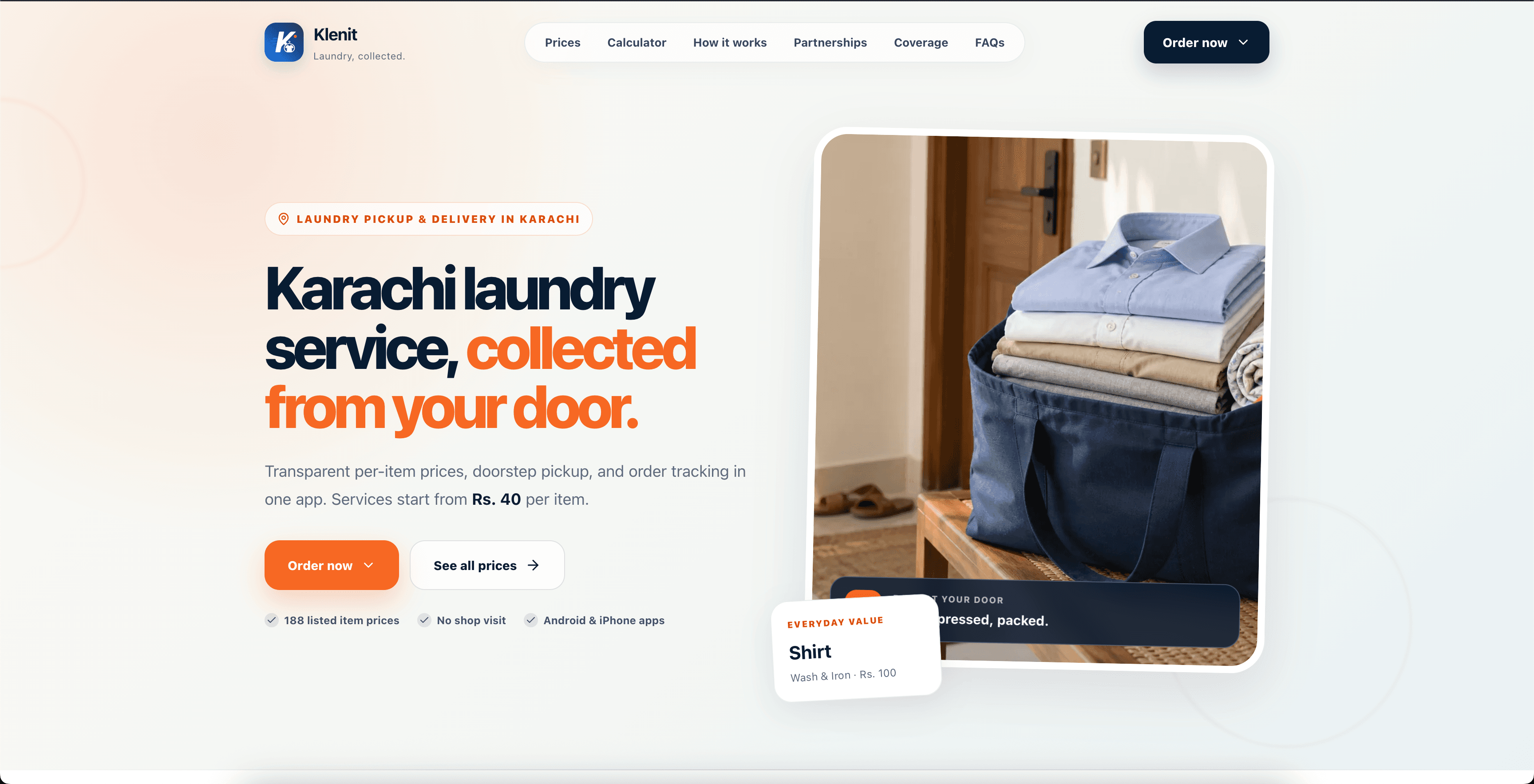 Klenit marketing landing site, interface screen 1